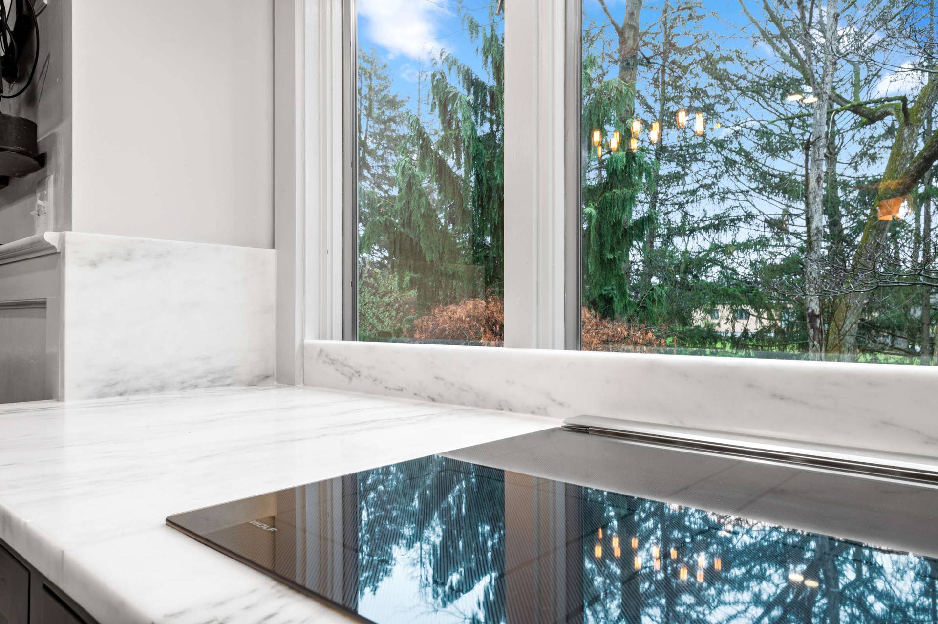 Downdraft cooktop set into a honed Danby marble counter below a window
