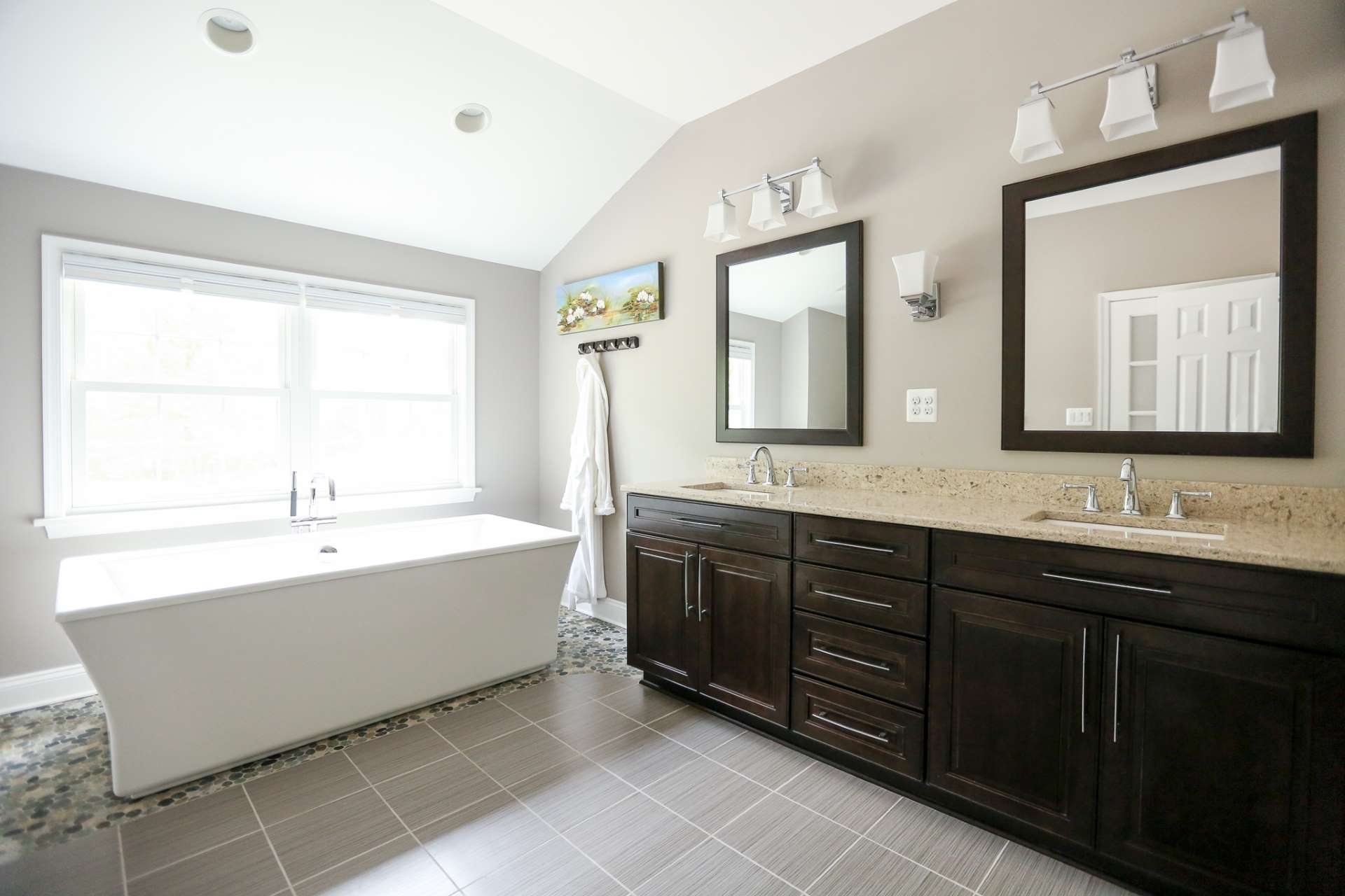 White quartz double vanity with two undermount sinks