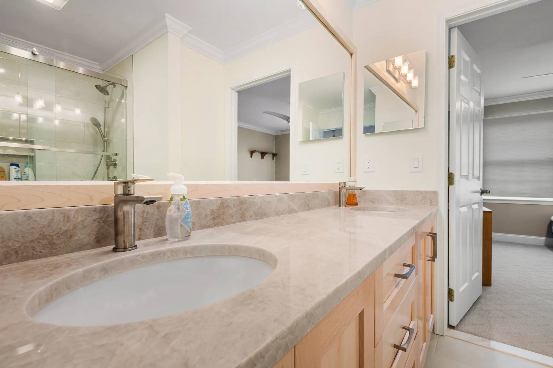 Long Taj Mahal quartzite double vanity top with undermount basins