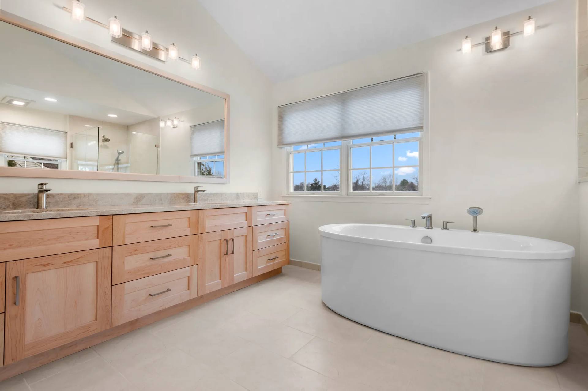 Taj Mahal quartzite installed on a wide bathroom vanity