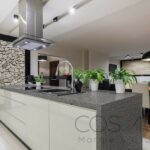 Designed kitchen with stone wall