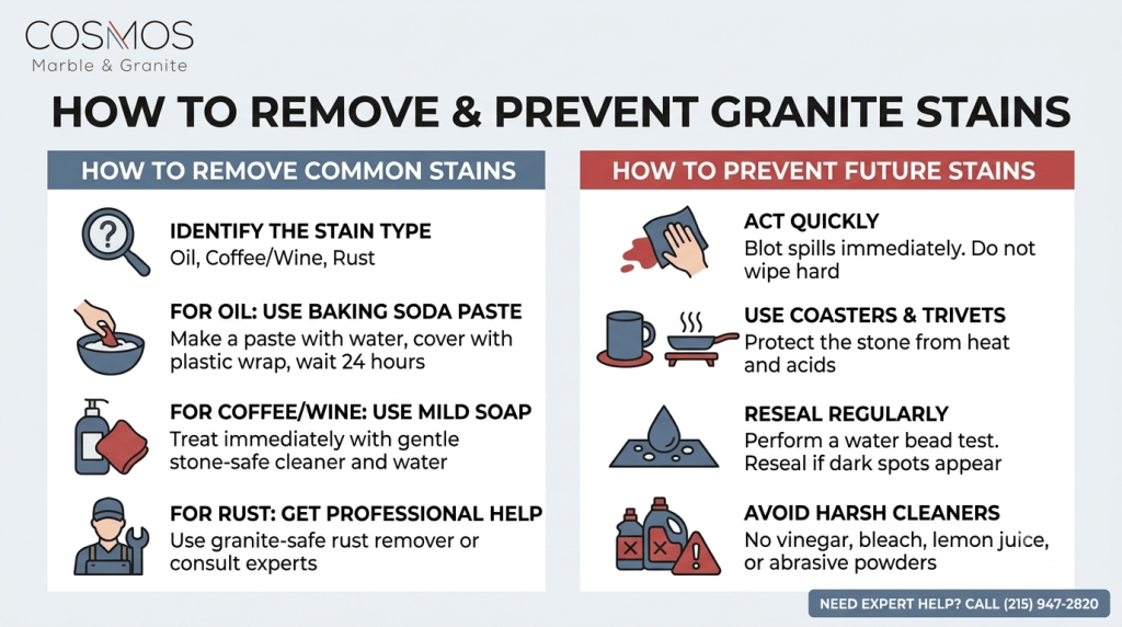 Infographic explaining how to remove and prevent granite countertop stains